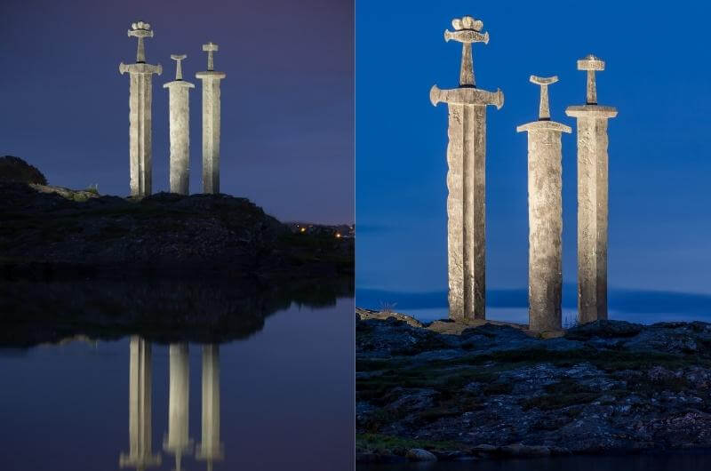 Monumento espadas vikingas por la noche