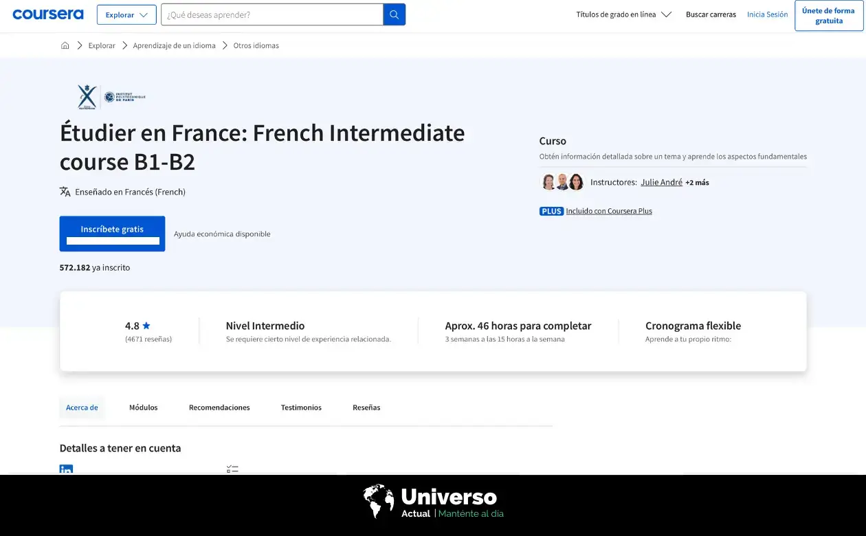 Interfaz del curso de francés que ofrece la Universidad de París en Coursera