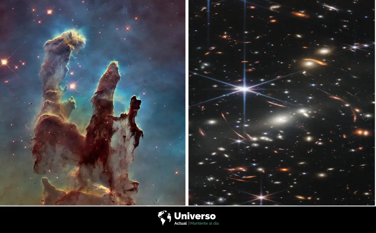Izquierda imagen captada por Hubble/ Derecha imagen captada por Webb | Créditos: NASA, ESA